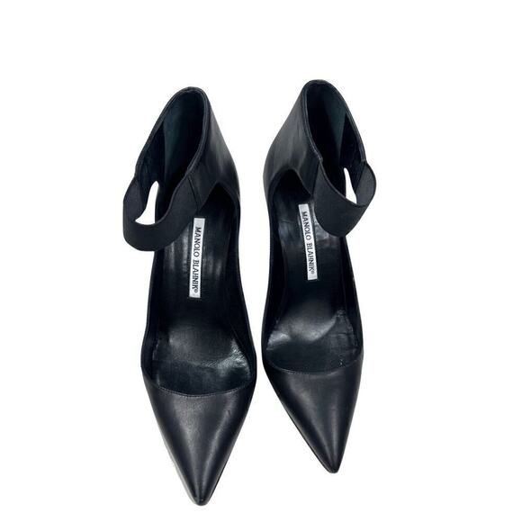 MANOLO BLAHNIK BLACK LEATHER POINTY TOE PUMPS WITH ANKLE STRAP SZ 8.5 EUC - Picture 5 of 5